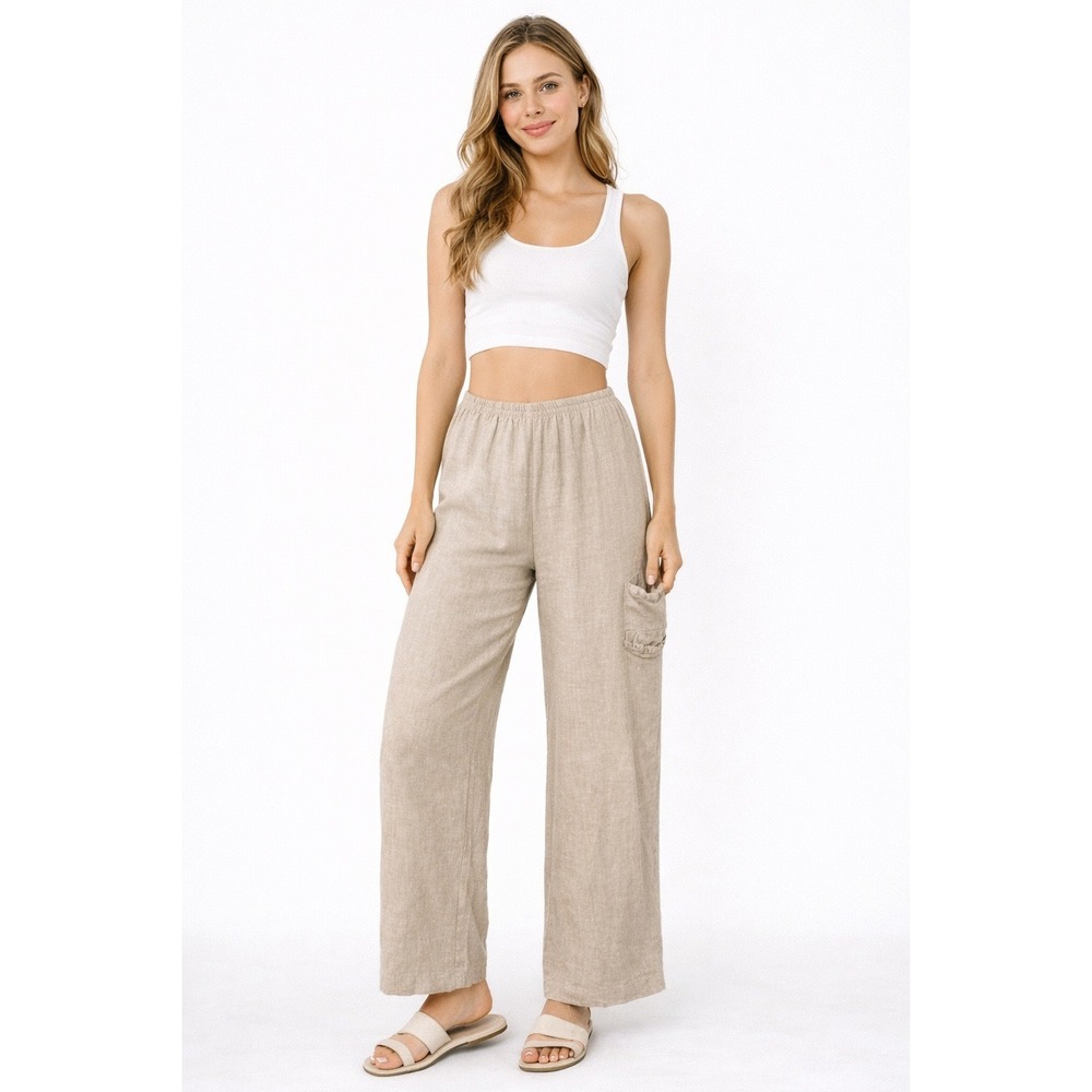 B Hadikusumo Linen Pants M‎ Pull on Pant Wide Leg Beige Elastic Waist Lagenlook